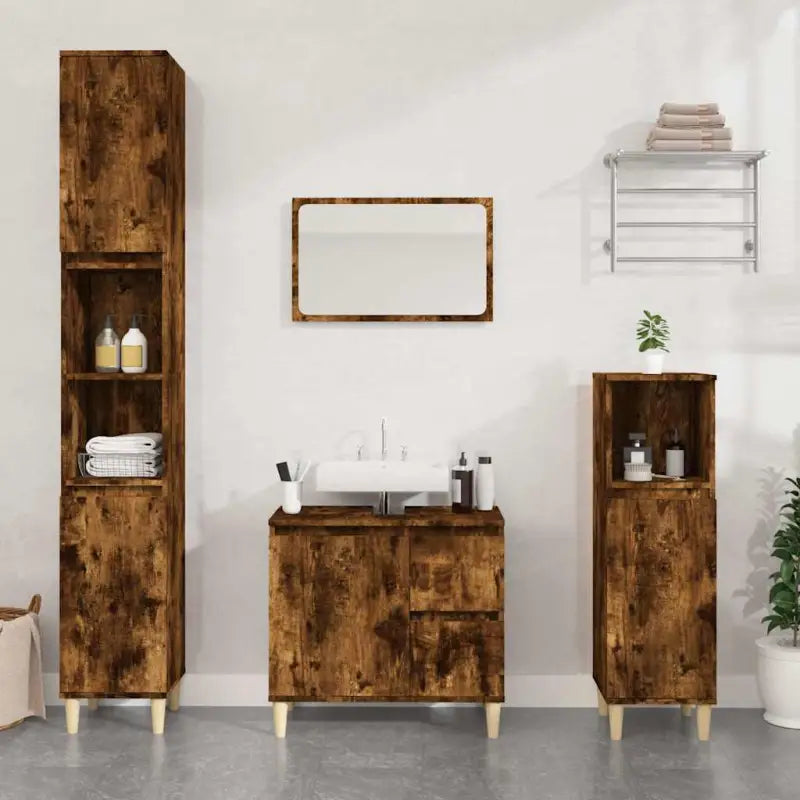 Badkamerkaptafel van massief eucalyptushout met veel opbergruimte - Gerookt eiken / 1 - Badkamerkaptafels