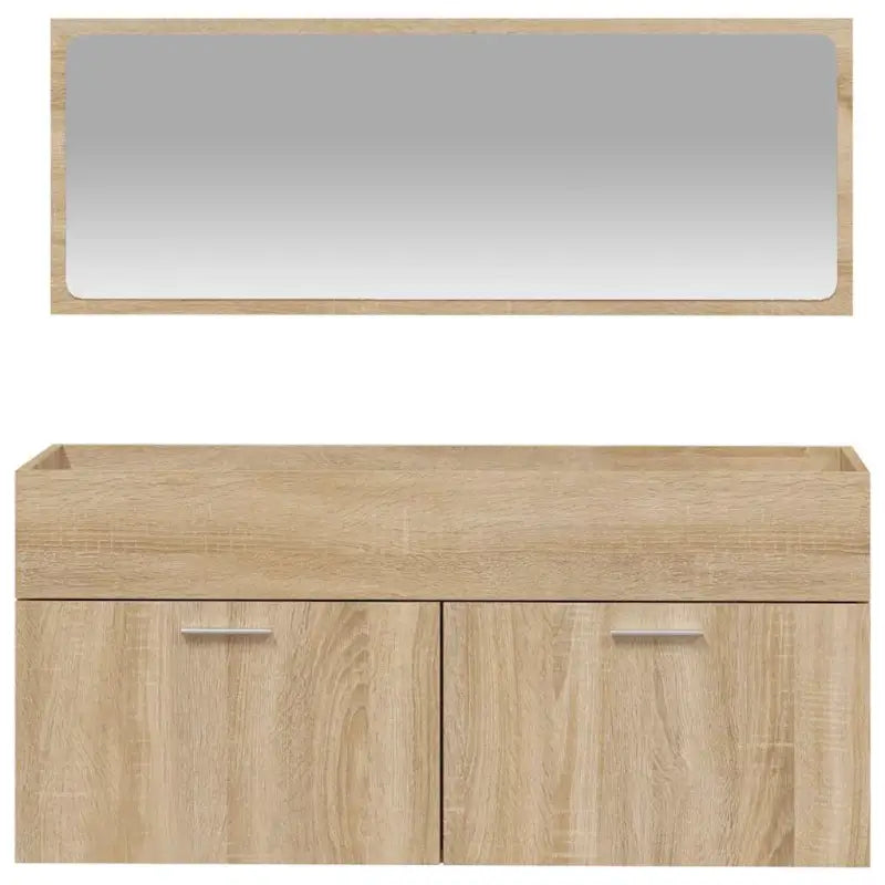 Badkamermeubelset met bewerkt hout en minimalistische spiegel - Badkamermeubelsets