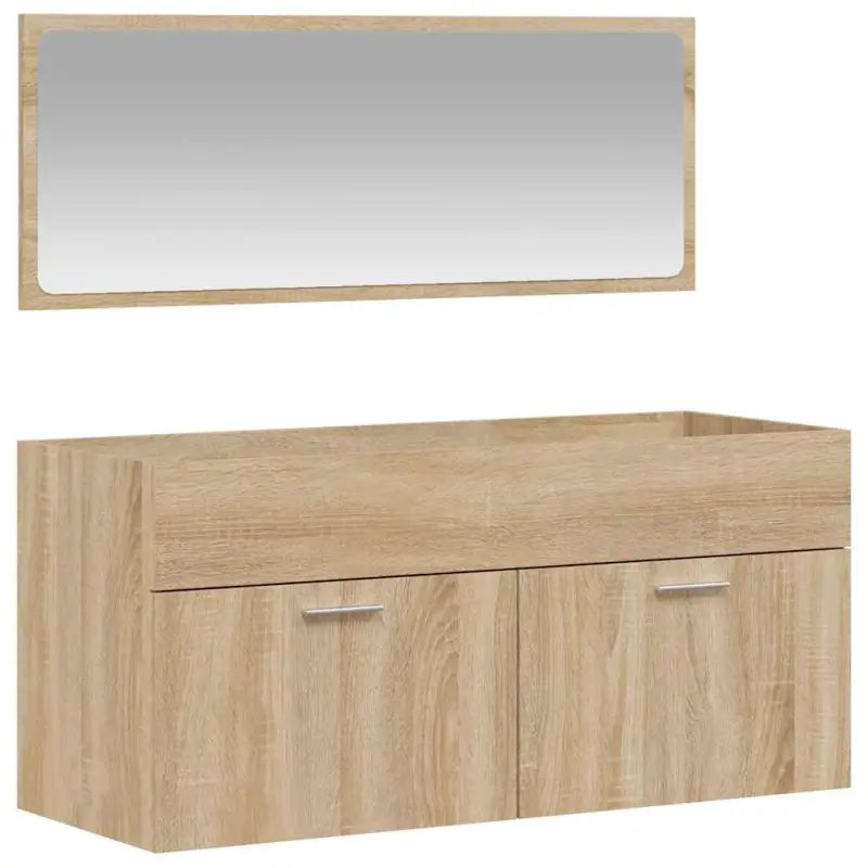 Badkamermeubelset met bewerkt hout en minimalistische spiegel - Badkamermeubelsets