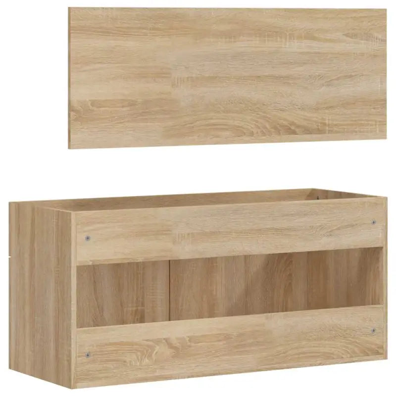 Badkamermeubelset met bewerkt hout en minimalistische spiegel - Badkamermeubelsets