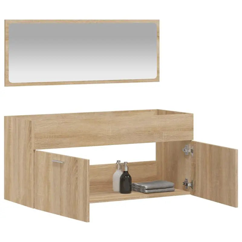 Badkamermeubelset met bewerkt hout en minimalistische spiegel - Badkamermeubelsets
