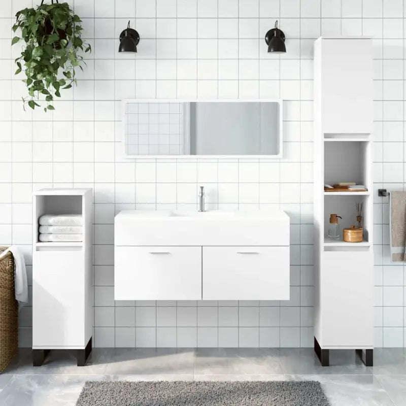 Badkamermeubelset met bewerkt hout en minimalistische spiegel - Wit - Badkamermeubelsets