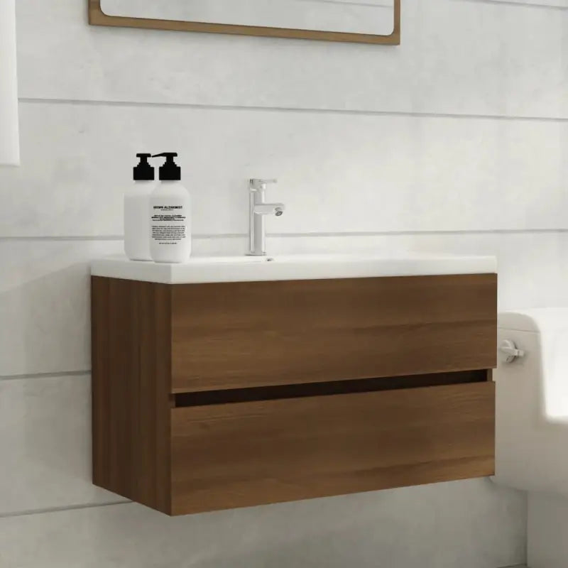 Badkamermeubelset met gootsteenkast van bewerkt hout voor extra opbergruimte - bruin eikenkleur / 80 x 38.5 x 45 cm