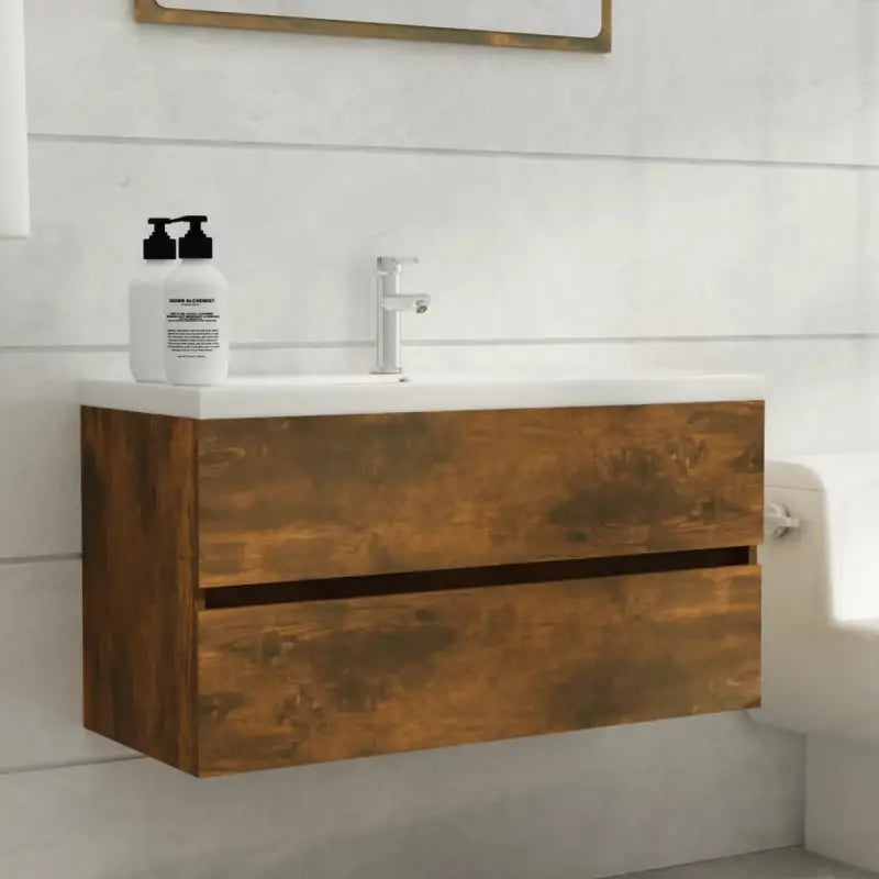 Badkamermeubelset met gootsteenkast van bewerkt hout voor extra opbergruimte - Gerookt eiken / 90 x 38.5 x 45 cm