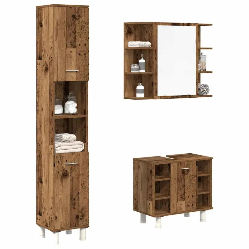 Badkamermeubelset met hoge kast en bewerkt hout voor extra opbergruimte - Oud hout - Badkamermeubelsets