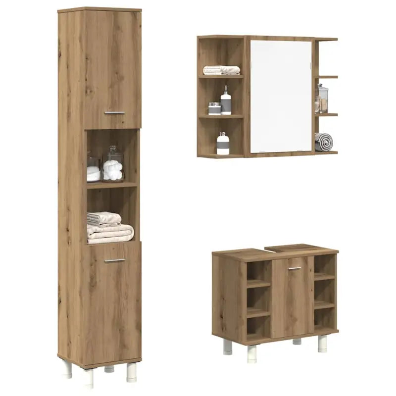 Badkamermeubelset met hoge kast en bewerkt hout voor extra opbergruimte - artisanaal eikenkleurig - Badkamermeubelsets