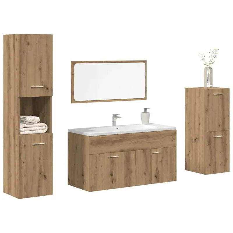 Badkamermeubelsets met lage en hoge kast van bewerkt hout - artisanaal eikenkleurig / 90 x 38.5 x 46 cm