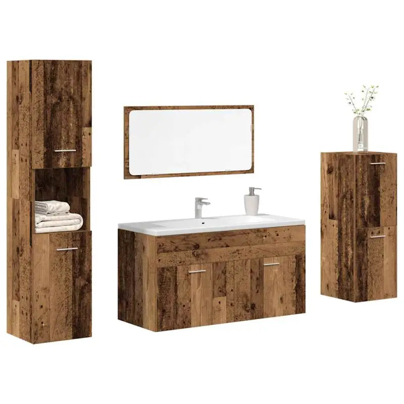 Badkamermeubelsets met lage en hoge kast van bewerkt hout - Oud hout / 90 x 38.5 x 46 cm - Badkamermeubelsets