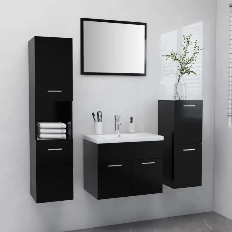 Badkamermeubelsets met lage en hoge kast van bewerkt hout - Zwart / 60 x 38.5 x 46 cm - Badkamermeubelsets