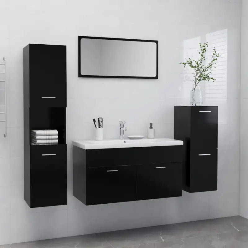 Badkamermeubelsets met lage en hoge kast van bewerkt hout - Zwart / 90 x 38.5 x 46 cm - Badkamermeubelsets
