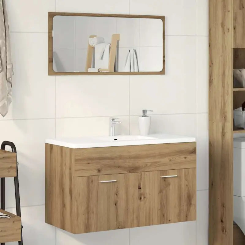 Badsmeubelset met gootsteenkast van bewerkt hout voor extra opbergruimte - artisanaal eikenkleurig / 90 x 38.5 x 46 cm