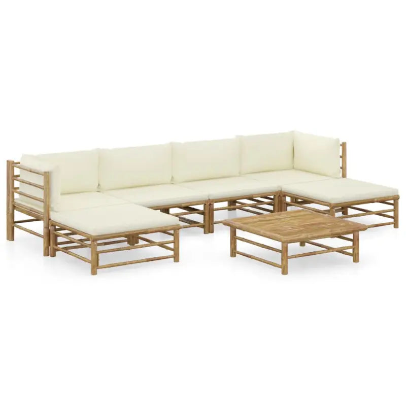 Bamboe tuin loungeset met comfortabele diepte zitting - Crème / 2x hoek + 2x midden + 2x voetensteun + Tafel - Tuinsets