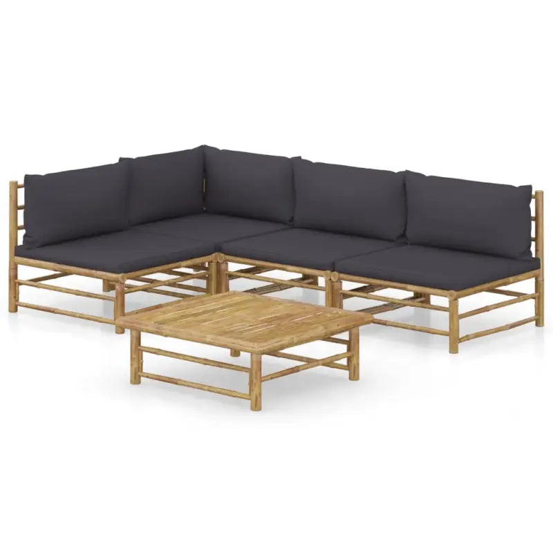 Bamboe tuin loungeset met comfortabele diepte zitting - Donkergrijs / hoek + 3x midden + Tafel - Tuinsets