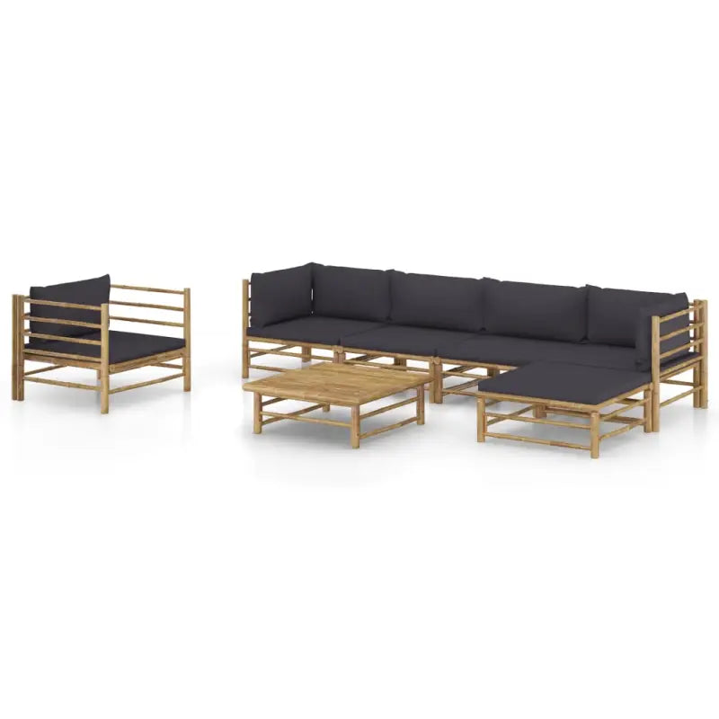 Bamboe tuin loungeset met comfortabele diepte zitting - Donkergrijs / 2x hoek + 2x midden + Fauteuil + voetensteun