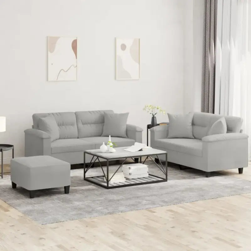 Banken loungeset met uitstekende keuze en comfortabele materiaal vulling - Lichtgrijs / met kussens en voetenbankje