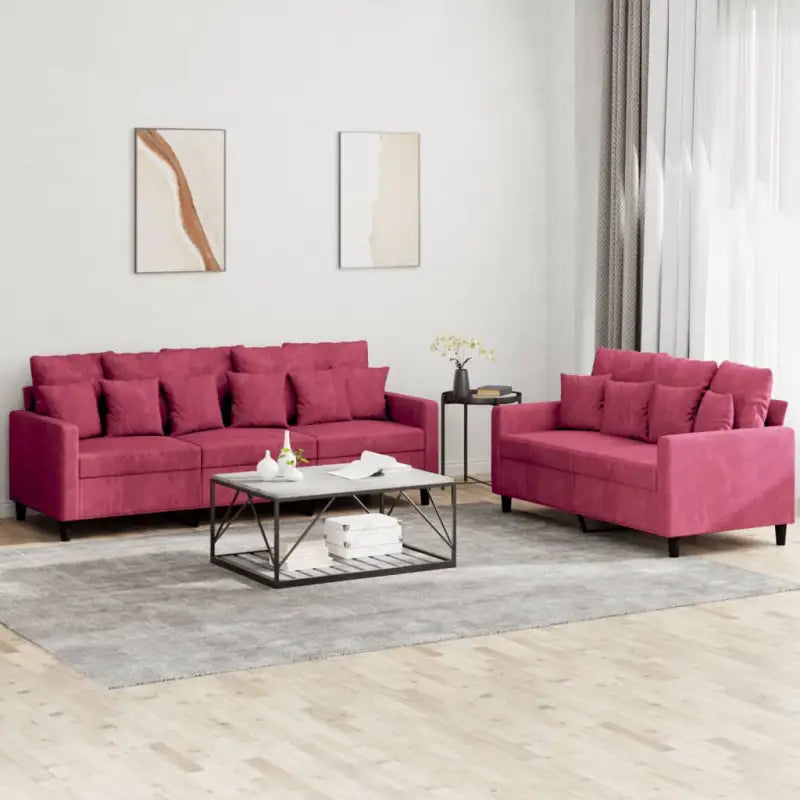Banken loungeset met zachte fluweel bekleding en comfortabele totale afmetingen - Wijnrood / met kussens - Banken
