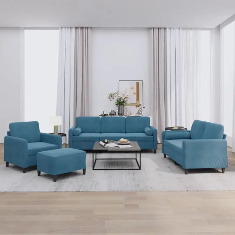 Banken loungeset met zachte fluweel en ideale totale afmetingen - Blauw / met kussens en voetenbankje - Banken