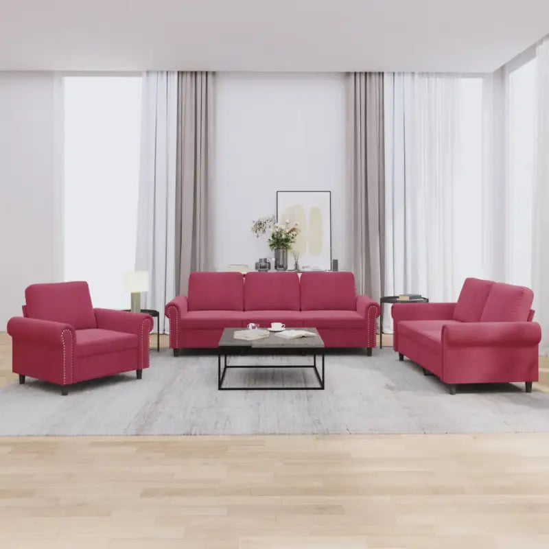 Banken loungeset met zachte fluweel stof en perfecte totale afmetingen - Wijnrood / Zonder voetenbank - Banken