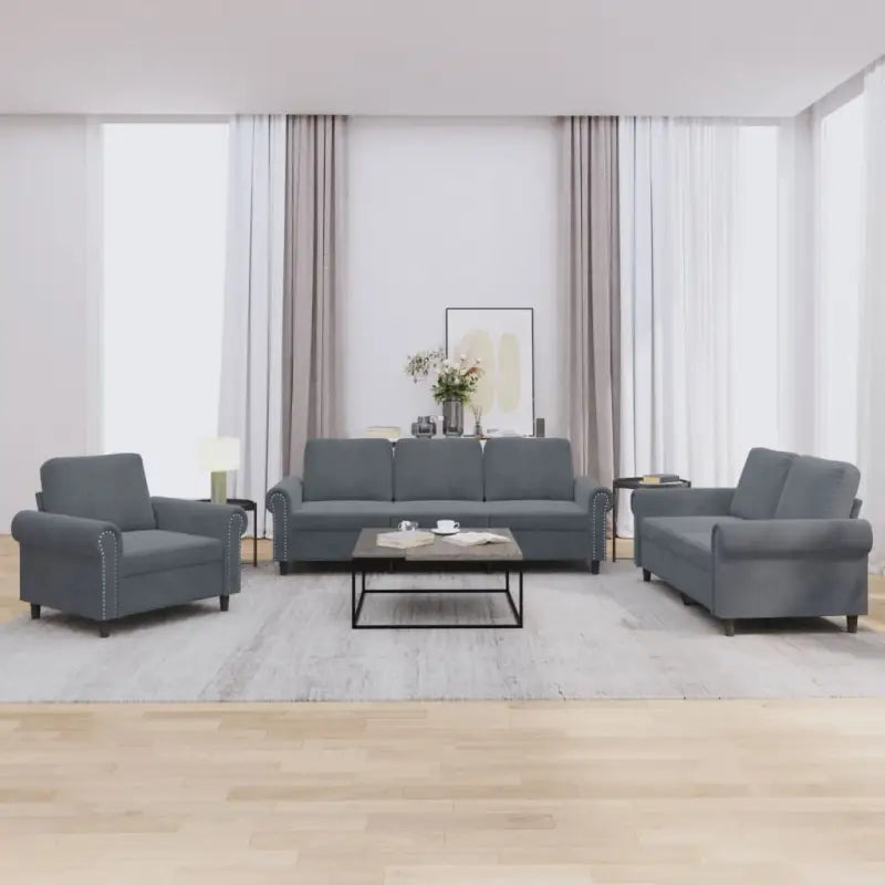 Banken loungeset met zachte fluweel stof en perfecte totale afmetingen - Donkergrijs / Zonder voetenbank - Banken