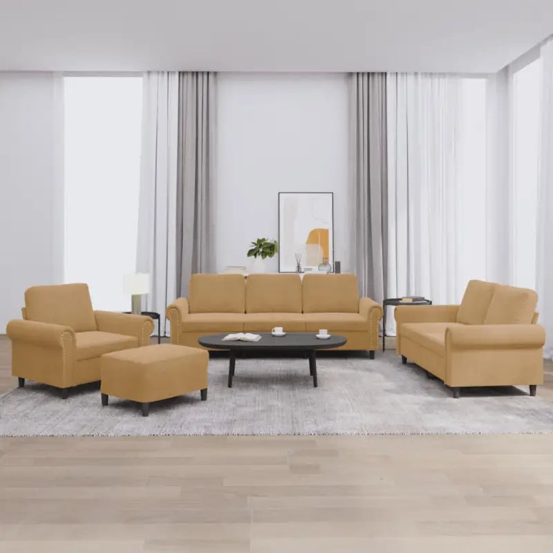 Banken loungeset met zachte fluweel stof en perfecte totale afmetingen - Bruin / Met voetenbank - Banken
