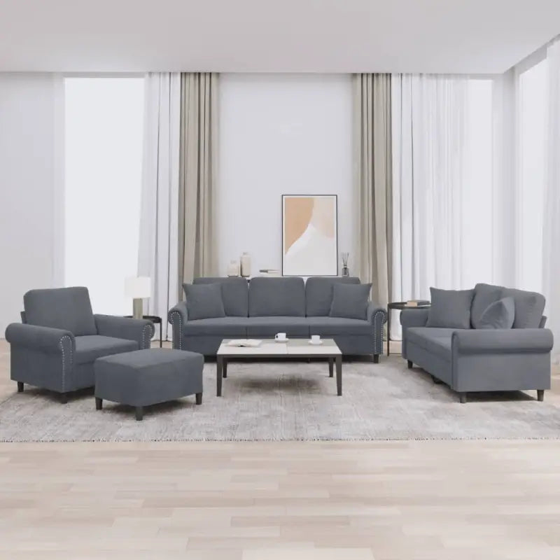 Banken loungeset met zachte fluweel stof en perfecte totale afmetingen - Donkergrijs / met kussens en voetenbankje