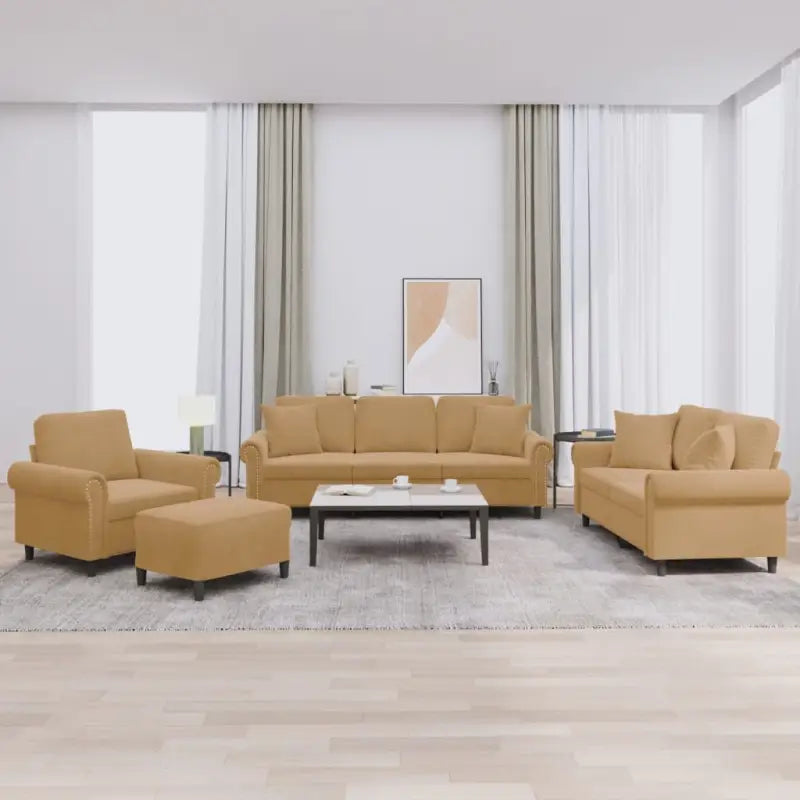 Banken loungeset met zachte fluweel stof en perfecte totale afmetingen - Bruin / met kussens en voetenbankje - Banken