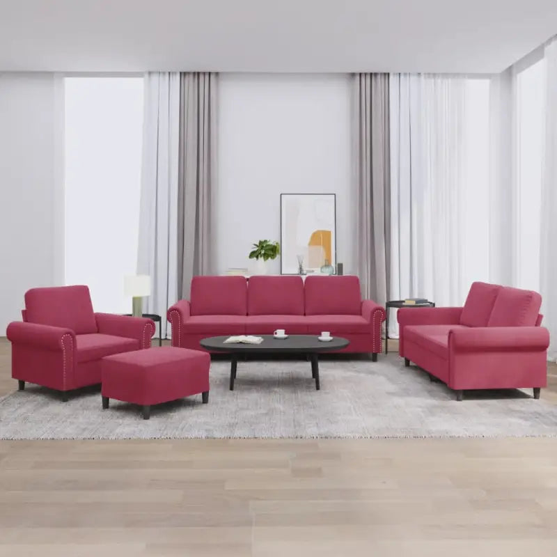 Banken loungeset met zachte fluweel stof en perfecte totale afmetingen - Wijnrood / Met voetenbank - Banken