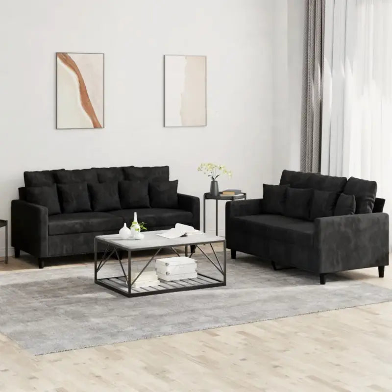 Banken loungeset met zachte fluweelstof en comfortabele diepte zitting - Zwart / met kussens - Banken