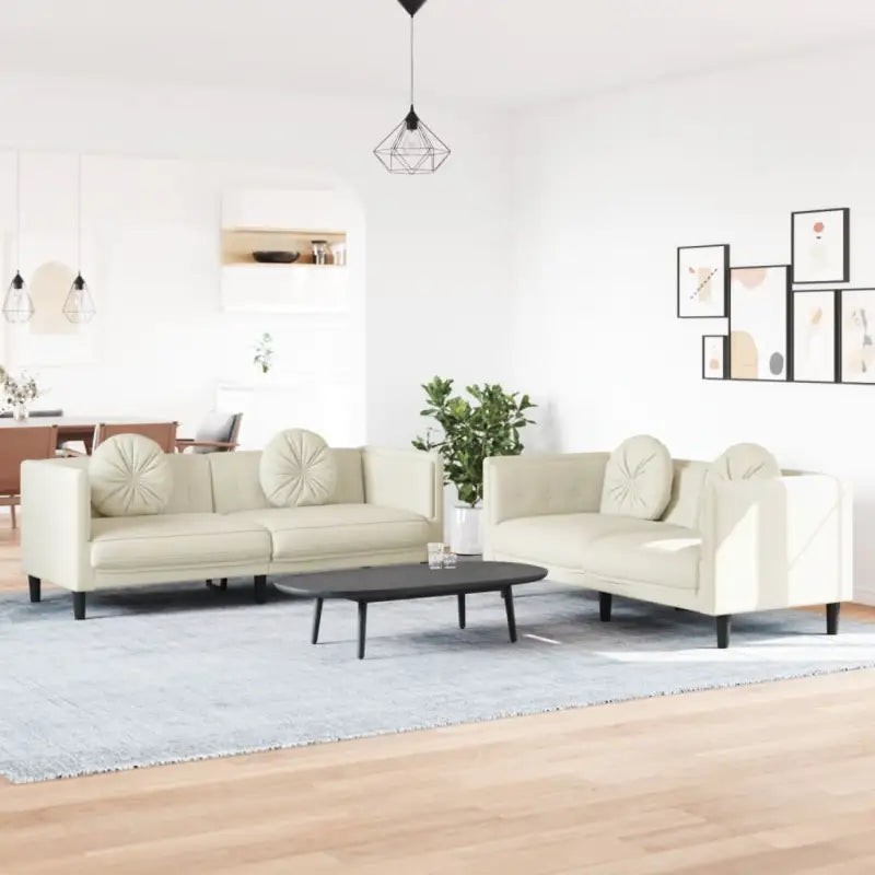 Banken loungeset met zachte fluweelstof en comfortabele totale afmetingen - Crème / 2-zits + 3-zits - Banken