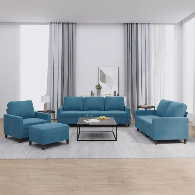 Banken loungeset met zachte fluweelstof en de totale afmetingen - Blauw / met kussens en voetenbankje - Banken