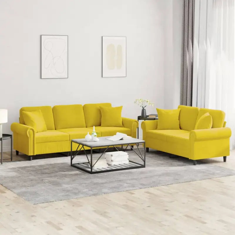Banken loungeset met zachte fluweelstof en elegante totale afmetingen - Geel / met kussens - Banken