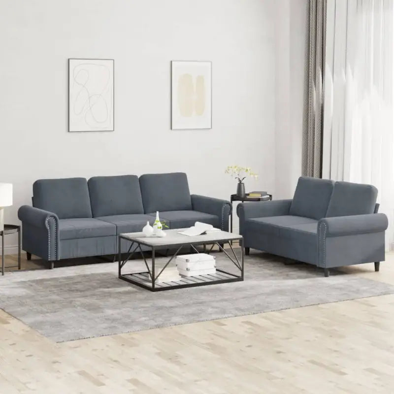 Banken loungeset met zachte fluweelstof en elegante totale afmetingen - Donkergrijs / Zonder voetenbank - Banken