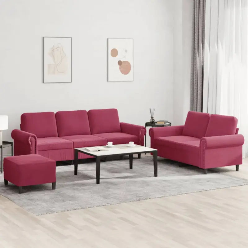 Banken loungeset met zachte fluweelstof en elegante totale afmetingen - Wijnrood / Met voetenbank - Banken