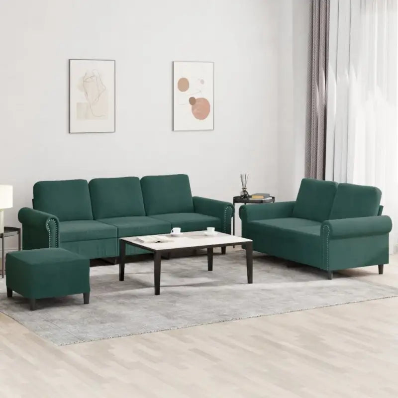 Banken loungeset met zachte fluweelstof en elegante totale afmetingen - Donkergroen / Met voetenbank - Banken