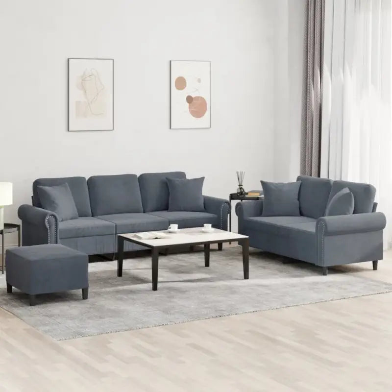 Banken loungeset met zachte fluweelstof en elegante totale afmetingen - Donkergrijs / met kussens en voetenbankje