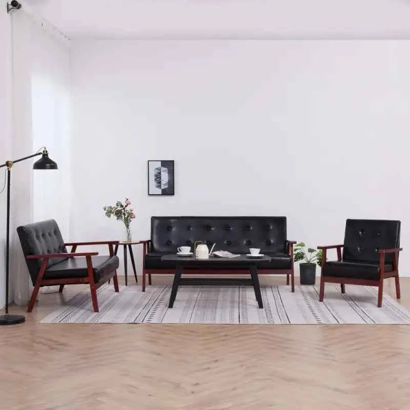 Banken met houten frame en kunstleer voor een retro woonkamer sfeer