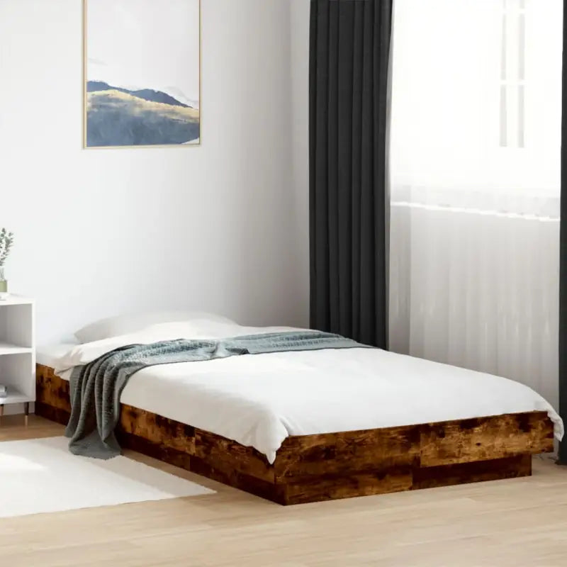 Bed met RGB LED-verlichting en bewerkt hout voor een stabiele nachtrust - Gerookt eiken / 100 x 200 cm - Bedden &