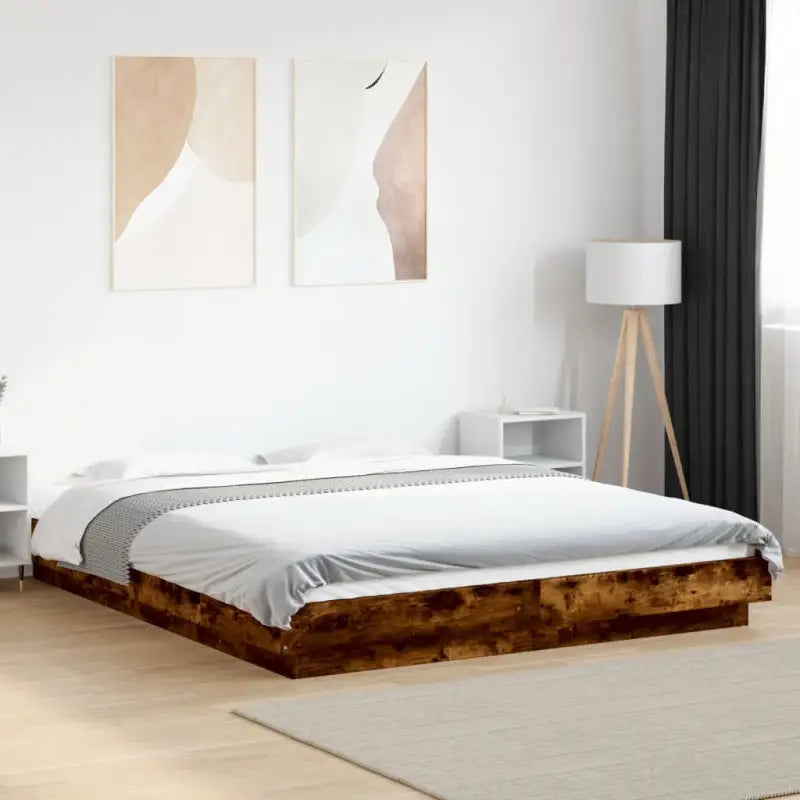 Bed met RGB LED-verlichting en bewerkt hout voor een stabiele nachtrust - Gerookt eiken / 150 x 200 cm - Bedden &