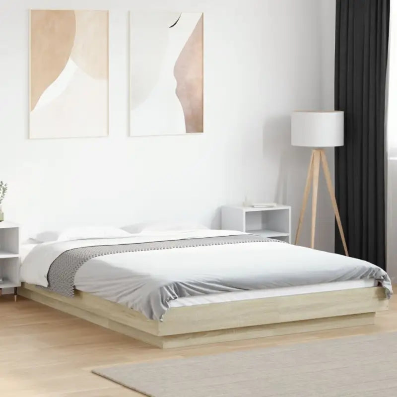 Bed met RGB LED-verlichting en bewerkt hout voor een stabiele nachtrust - Sonoma eiken / 140 x 190 cm - Bedden &