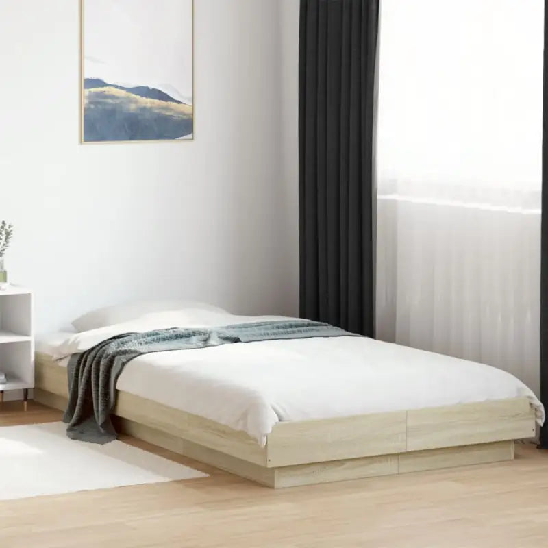 Bed met RGB LED-verlichting en bewerkt hout voor een stabiele nachtrust - Sonoma eiken / 100 x 200 cm - Bedden &