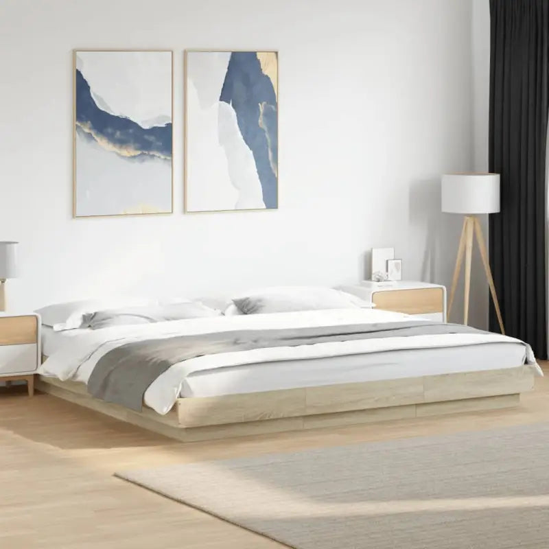 Bed met RGB LED-verlichting en bewerkt hout voor een stabiele nachtrust - Sonoma eiken / 200 x 200 cm - Bedden &