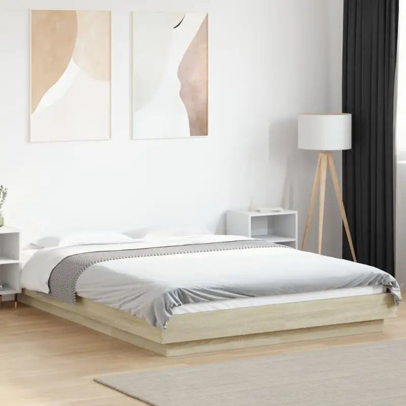 Bed met RGB LED-verlichting en bewerkt hout voor een stabiele nachtrust - Sonoma eiken / 135 x 190 cm - Bedden &