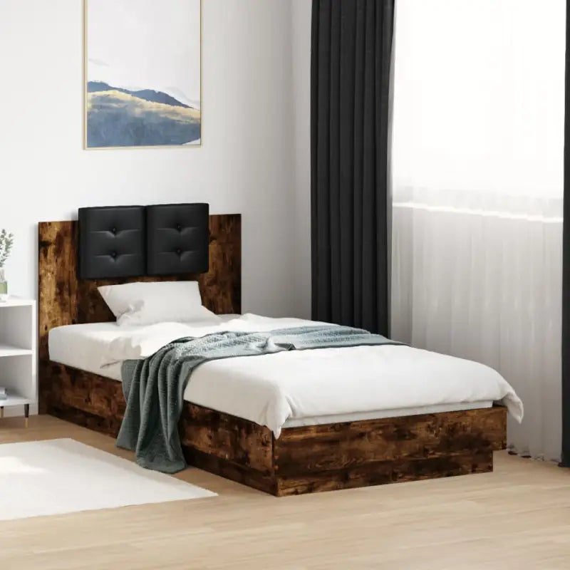 Bedframe met hoofdeinde en multiplex lattenbodem van bewerkt hout - Gerookt eiken / 75 x 190 cm - Bedden & bedframes