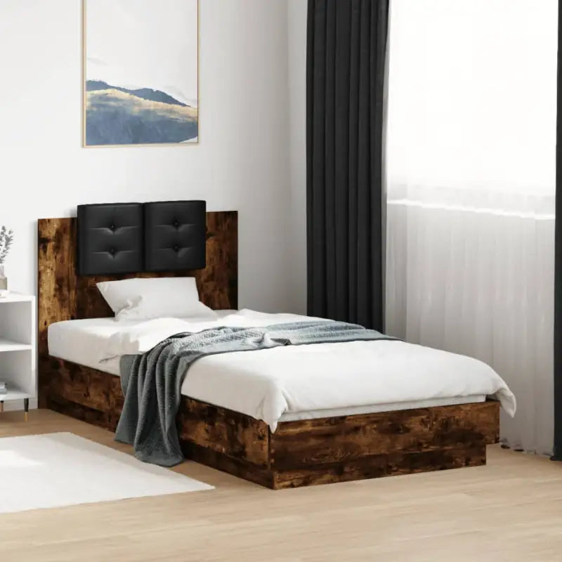 Bedframe met hoofdeinde en multiplex lattenbodem van bewerkt hout - Gerookt eiken / 90 x 190 cm - Bedden & bedframes