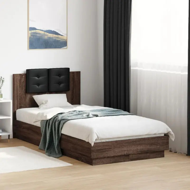 Bedframe met hoofdeinde en multiplex lattenbodem van bewerkt hout - bruin eikenkleur / 90 x 190 cm - Bedden & bedframes