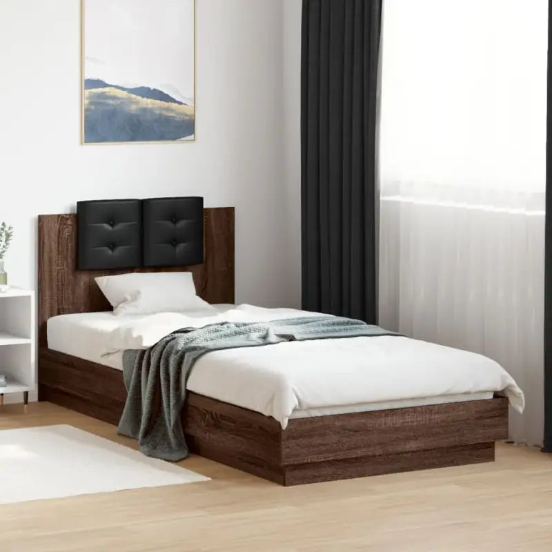 Bedframe met hoofdeinde en multiplex lattenbodem van bewerkt hout - bruin eikenkleur / 100 x 200 cm - Bedden & bedframes