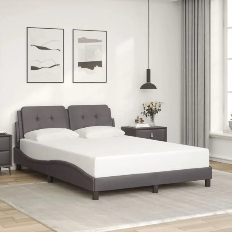Bedframe met hoofdeinde in grijs materiaal en multiplex lattenbodem - Grijs / 140 x 200 cm - Bedden & bedframes