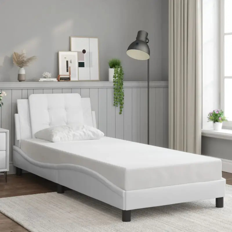 Bedframe met hoofdeinde in grijs materiaal en multiplex lattenbodem - Wit / 100 x 200 cm - Bedden & bedframes