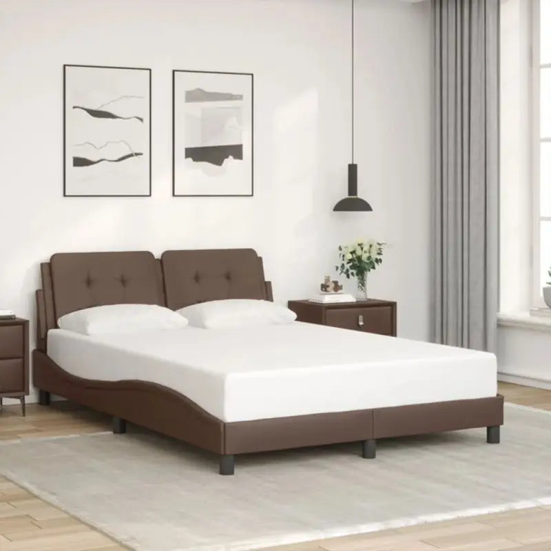 Bedframe met hoofdeinde in grijs materiaal en multiplex lattenbodem - Bruin / 140 x 190 cm - Bedden & bedframes