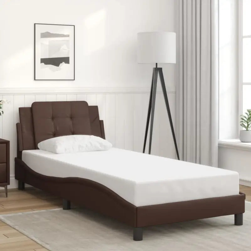 Bedframe met hoofdeinde in grijs materiaal en multiplex lattenbodem - Bruin / 90 x 200 cm - Bedden & bedframes